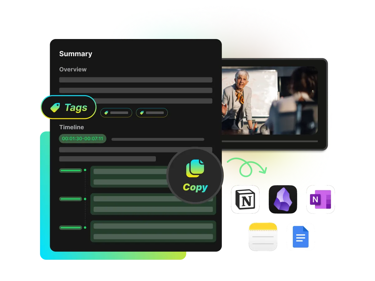 A user copying an AI-generated video summary from WayinVideo to various note-taking apps like Notion and Obsidian for easy knowledge management.